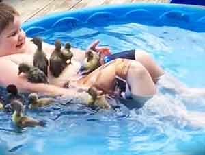 Niño se divierte con sus pequeños patos en una alberca!