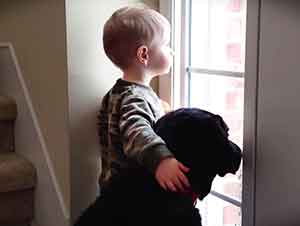 Un tierno niño acompaña a un perro que espera la llegada de su familia.